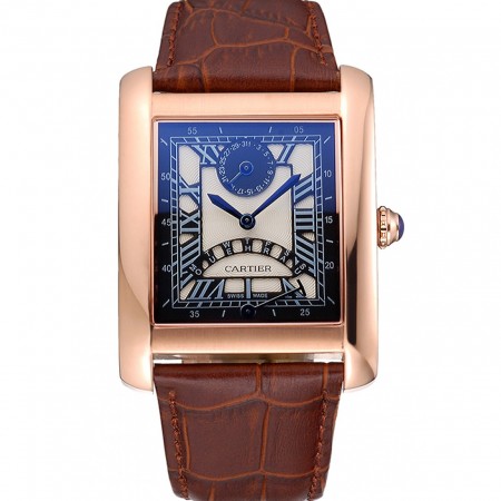 Cartier Tank Black Dial Rose Gold Case Brown Leather Strap  622765