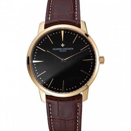 Swiss Vacheron Constantin Patrimony Grand Taille Black Dial Gold Case Brown Leather Bracelet  1454178