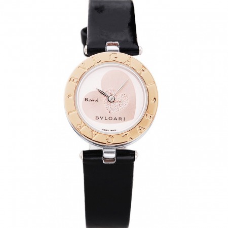 Bvlgari B.ZERO1 25mm White Dial Stainless Steel Case Gold Bezel Black Leather Bracelet