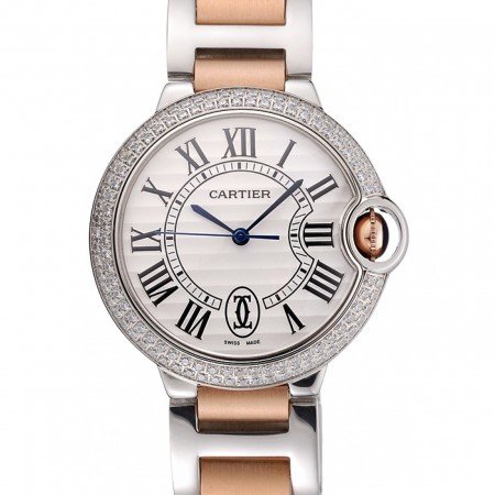Swiss Ballon Blue De Cartier Diamond Steel Case White Dial Roman Numerals Two Tone Bracelet   622647