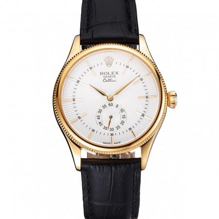Swiss Rolex Cellini White Dial Gold Case Black Leather Strap