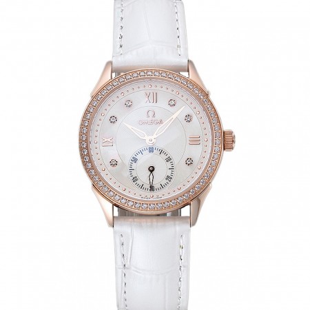 Omega DeVille Prestige White Dial Gold Diamond Case White Leather Bracelet  1454122
