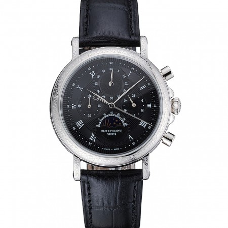 Patek Philippe Grand Complications Black Dial Engraved Silver Case Black Leather Bracelet 1454145
