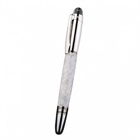 MontBlanc Slim Silver Rim White Enamel Ballpoint Pen With MB Engraved Silver Cap