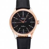 Swiss Rolex Cellini Time Rose Gold Case Black Dial Black Leather Bracelet   622656