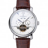 Vacheron Constantin Tourbillion Perpetual Calendar White Dial Silver Case Brown Leather Bracelet 1454277
