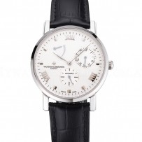 Swiss Vacheron Constantin Patrimony Quantieme Reserve De Marche White Dial Stainless Steel Case Black Leather Strap
