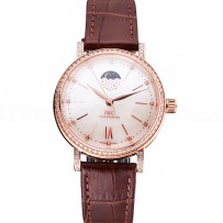 IWC Portofino Moon Phase Silver Dial Rose Gold Case Diamonds Bezel Brown Leather Strap