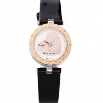 Bvlgari B.ZERO1 25mm White Dial Stainless Steel Case Gold Bezel Black Leather Bracelet