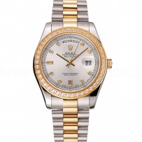 Swiss Rolex Day-Date White Dial Gold Diamond Case Two Tone Stainless Steel Bracelet 1453972