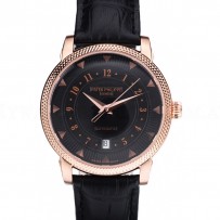 Patek Philippe Swiss Calatrava Ribbed Bezel Black Dial Black Leather Strap 7651