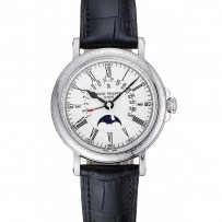 Patek Philippe Perpetual Calendar Retrograde Date White Dial Engraved Silver Case Black Leather Bracelet 1454147