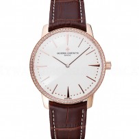 Swiss Vacheron Constantin Patrimony Grand Taille White Dial Rose Gold Diamonds Case Brown Leather Bracelet  1454171