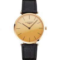 Swiss Longines Grande Classique Gold Dial Gold Case Black Leather Strap
