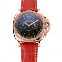 Panerai Radiomir 8 Days Chronograph Black Dial Diamond Bezel Rose Gold Case Red Leather Strap 1453797