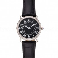Cartier Ronde Black Dial Diamond Bezel Stainless Steel Case Black Leather Strap