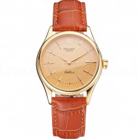 Swiss Rolex Cellini Gold Dial And Markings Gold Case Light Brown Leather Strap