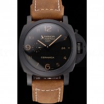 Swiss Panerai Luminor GMT Ceraica Black Dial Black Case Brown Leather Strap