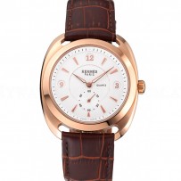 Hermes Dressage White Dial Rose Gold Case Brown Leather Strap