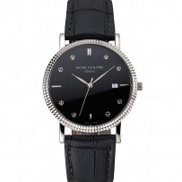 Patek Philippe Calatrava Black Dial Diamond Hour Marks Ribbed Bezel Stainless Steel Case Black Leather Strap