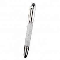 MontBlanc Slim Silver Rim White Enamel Ballpoint Pen With MB Engraved Silver Cap